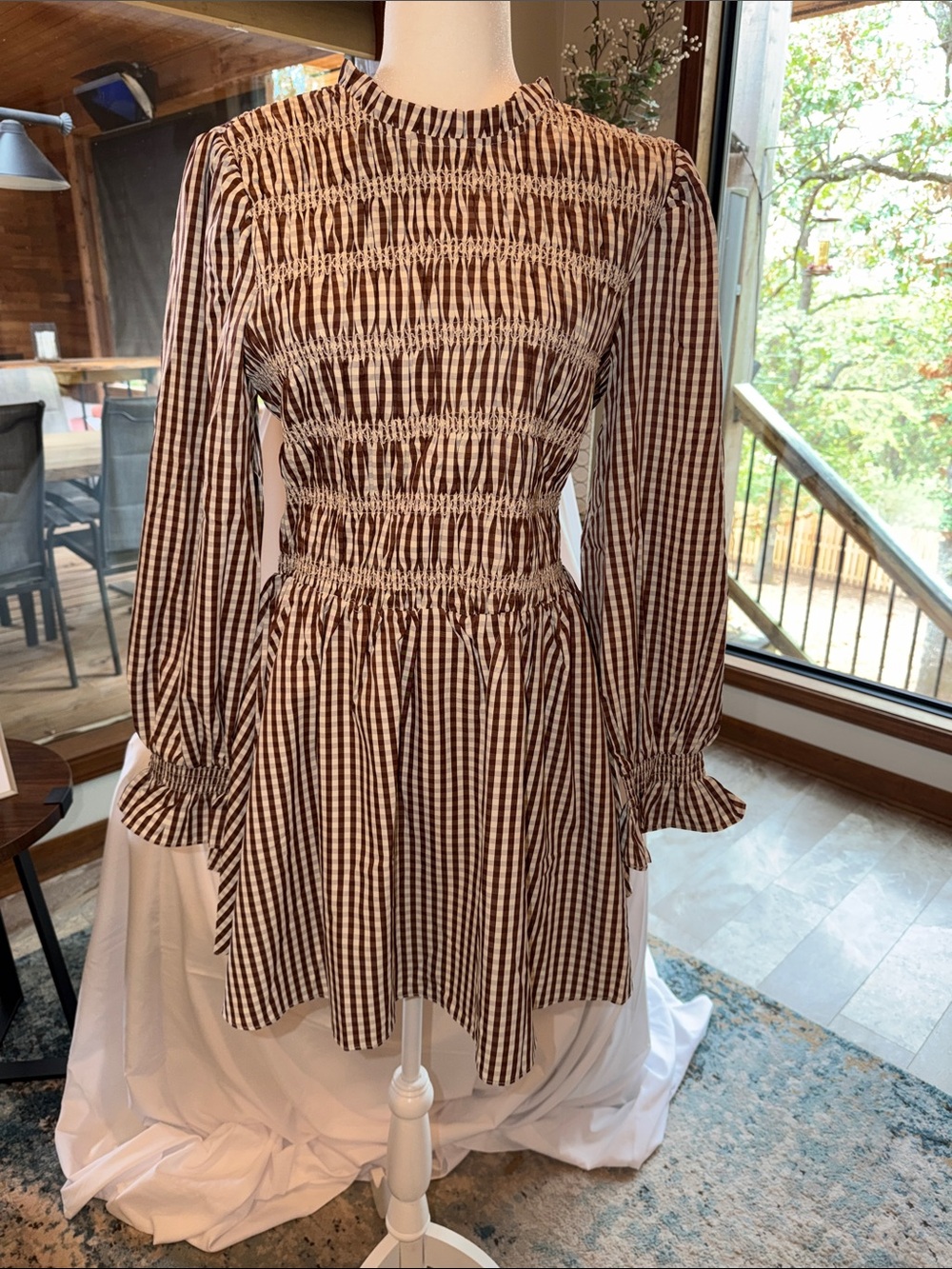 Brown Gingham Smocked Long-Sleeve Women's dress